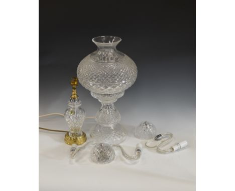 A Waterford crystal Table Lamp with bulbous hobnail shade on baluster column and domed base, 18in H, a Waterford crystal Tabl