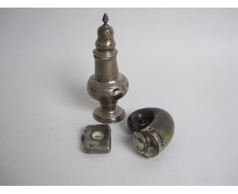 A Victorian silver Vesta Case with inset compass, Birmingham 1897, a Scottish Snuff Mull with engraved thistle mount, and a G