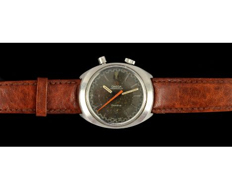 An Omega Chronostop Wristwatch, the brown dial with baton markers and sweep seconds hand in steel case on brown leather strap