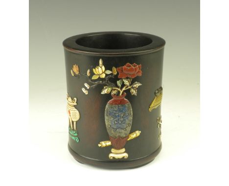 A Chinese hardstone inlaid and stained hardwood Bitong (brushpot), late Qing Dynasty/Republic, Apocryphal Qianlong four chara