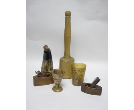 A 19th Century horn Beaker engraved figure on horseback, etc, a small Goblet engraved Ian McKay, two small Planes, horn Flask