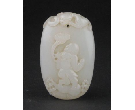 A Chinese white jade "Immortal" Pendant, 18th Century,The oval pebble carved on one face with Li Tiegai, standing on a double