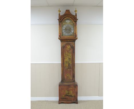 An 18th Century scarlet lacquer and gilt chinoiserie Longcase Clock, the pagoda top and arch moulded cornice above a brass ar