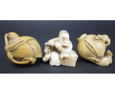 Three Japanese ivory Netsuke, Meiji Period, One of a quail and millet, signed Mitsu...; another of rats and pomegranate, unsi