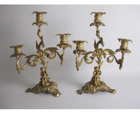 A pair of gilt-metal three-light rococo Candle Holders with leafage scroll and fruiting vine branches, cherub and leafage bas