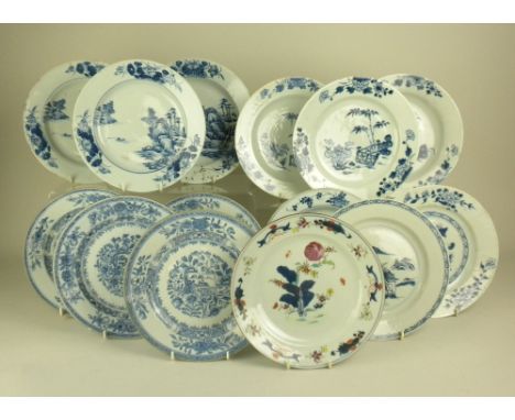 Fourteen Chinese export porcelain Plates, Qianlong, comprising a set of four blue and white flower and scroll plates, two set