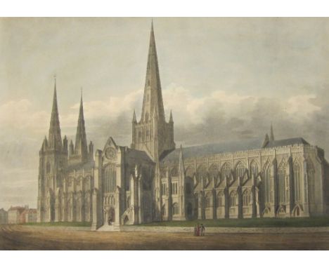 A Folio of unframed Engravings depicting architectural, portrait and landscape subjects: Buildings depicted include Lichfield