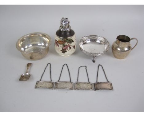 A George V silver Sugar Bowl with engraved base, Birmingham 1918, maker: L & Co, a pierced circular Dish, small Jug, four Bot