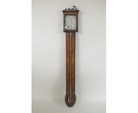 A Georgian Stick Barometer with floral painted dial inscribed Geo Purchon, Glass House, the case with satinwood stringing and