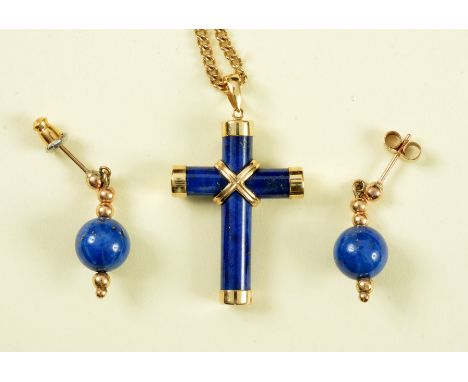 A Lapis Lazuli Pendant Cross with gold mounts on 9ct gold chain and a pair of Lapis Lazuli Earrings