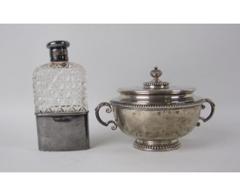 An Edward VII silver two handled Christening Bowl and Cover with beaded rim and presentation inscription, London 1908 and a V