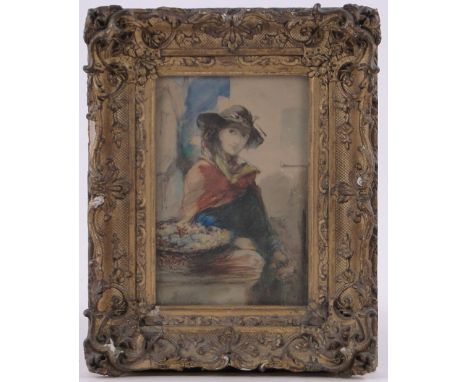 19th century watercolour, portrait of a flower seller, signed with monogram AB, dated 1873, 8.5" x 5.5", framed.