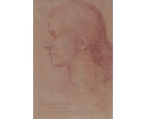 19th century sanguine chalk portrait of a woman, later inscription, 9.5" x 6.5", framed.
