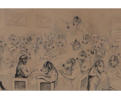 Louis William Wain (1860-1939),original pen and ink drawing, Melody & Co., Auctioneers, depicting dogs bidding on a foxes hea