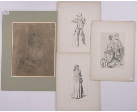 18th century pencil drawing, portrait of a woman, unsigned, 13.5" x 10.5", and Augustus John, 3 lithographs, portraits of wom