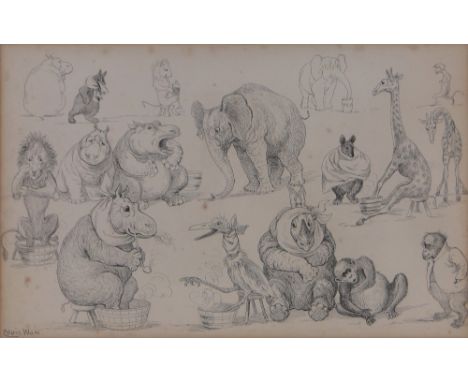 Louis William Wain (1860-1939),original pen and ink drawing, zoo animals hospital, signed, 9.5" x 15", framed.