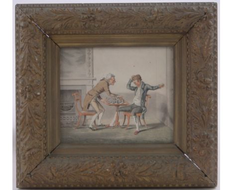18th/19th century watercolour, "A Game of Chess," unsigned, 4.5" x 5.5", framed.
