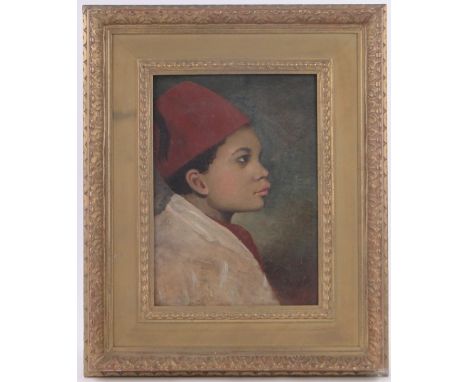 19th century oil on board, portrait of an Arab boy, unsigned, 15" x 11", framed.