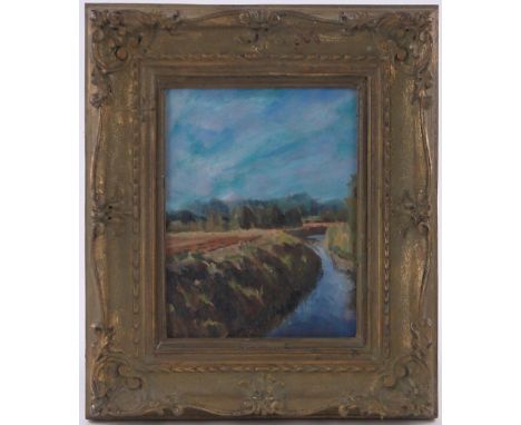 Susan Maxwell Scott,oil on board, "Evening Light on The Marsh," 12" x 10", framed.