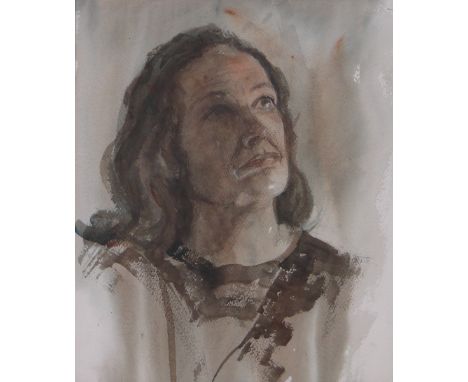 Mid 20th century watercolour, head and shoulders portrait of a woman, unsigned, inscribed on mount Barbara Hepworth, 15" x 12