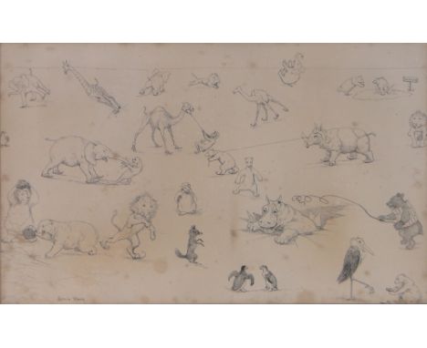 Louis William Wain (1860-1939),original pen and ink drawing, zoo animals on the ice, signed, 11" x 17", framed.