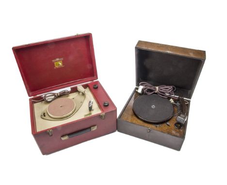 Two portable gramophones,  electric, HMV: Model 2001 with 3-speed deck and turn-over pick-up (Model C stylus), in red case, c