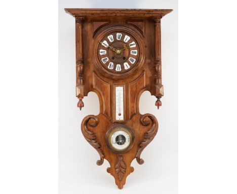 A 19th century French beech wall clock/barometer/thermometer, with applied enamel numerals, pendulum, key, 74cm.