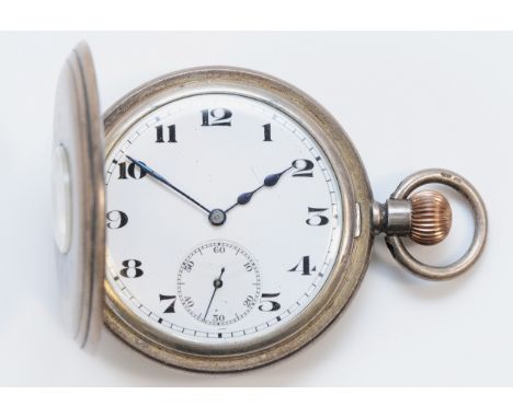 Longines, a silver key less wind half hunter pocket watch, London import 1926, blue enamel Arabic numerals to outer case, whi