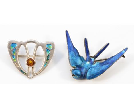An Art Nouveau silver enamel and citrine paste brooch, by Charles Horner, Chester 1908, 28mm, together with German 935 standa