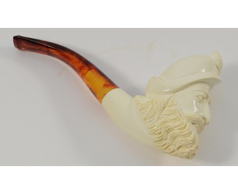 An early 20th Century meerschaum smoking pipe, having carved bowl in the form of a Buccaneer, in fitted case.