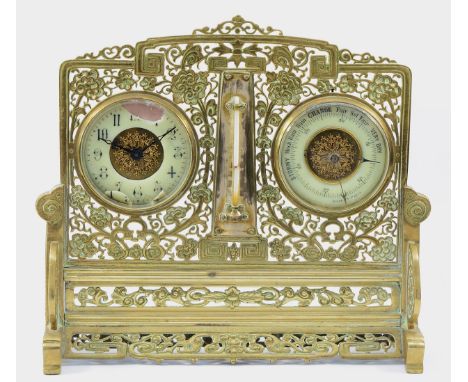 A 19th Century Franco-Chinese gilt bronze desk stand, inset with a barometer and clock, both with a porcelain dials, the cloc