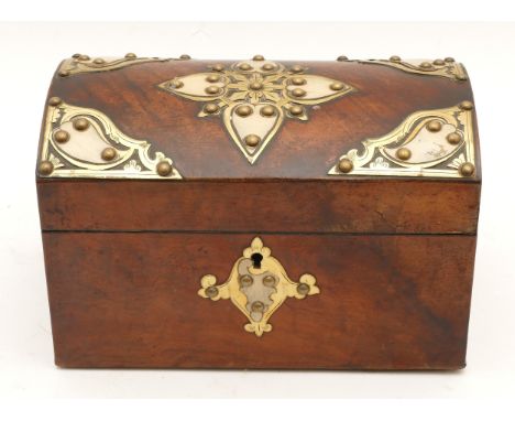 A Victorian mahogany domed top tea caddy, with applied brass decoration, opening to reveal a single tea container (lacking li