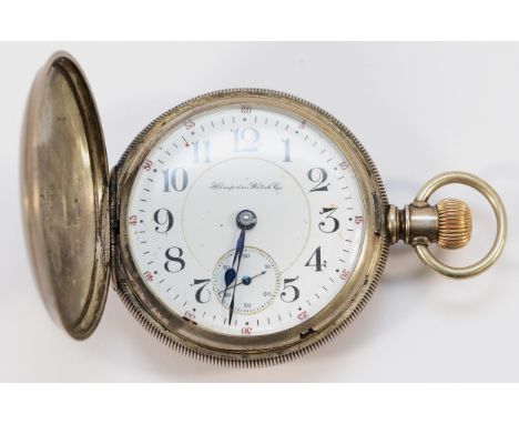 Hampden Watch Co., a coin silver keyless wind full hunter Special Railway pocket watch, c.1898, white enamel dial with subsid