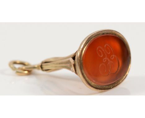 A Georgian gold carnelian intaglio wax seal fob, initials "EE", 30mm, 5.1g