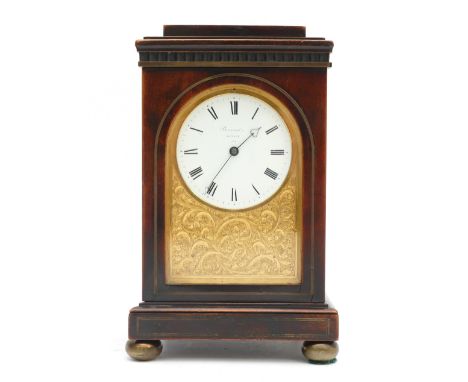 Barraud's; An 1820s mahogany and brass inlaid mantel clock, with a white enamel dial, signed 'Barraud's. London. 154', featur