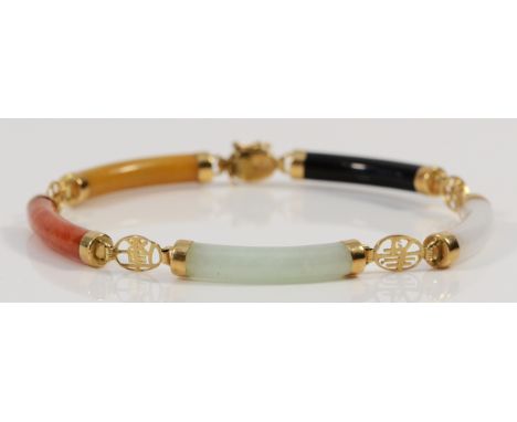 A 585 gold vari hue jade bracelet, 19cm, 9.7g Condition-Very good condition, no cracks or loose jade, clasp fully working wit