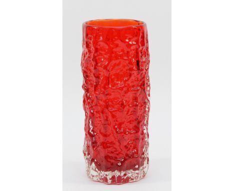 Geoffrey Baxter (1922-1995) for Whitefriars; A glass 'Bark' vase of cylindrical form, in vivid ruby red, H-19cm. In good cond