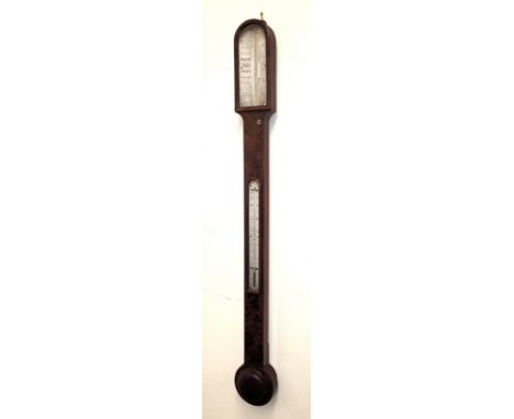 A Victorian mahogany and walnut stick barometer, signed Stebbing, Southampton, with arched walnut veneered case turned cister