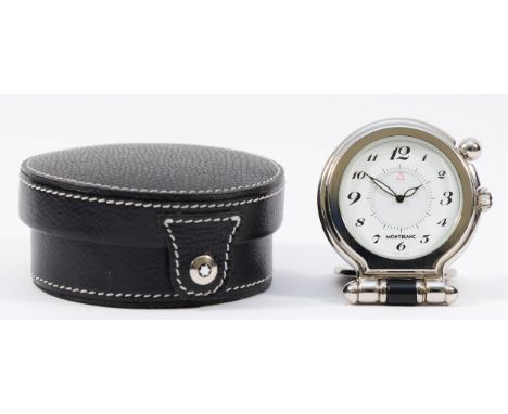 Mont Blanc, a stainless steel travel alarm clock, model AL 1192947,  the white dial with Arabic numerals, signed 'Montblanc',