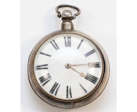 A Victorian silver pair cased fusee pocket watch, both Birmingham 1847, white enamel dial, unsigned movement, 54mm. Not worki