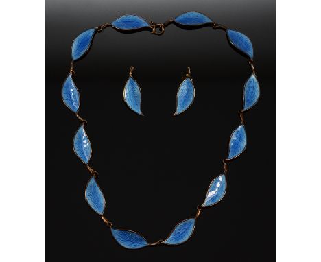 Brdr Bjerring, Denmark, silver and blue enamel leaf necklace, 39.5cm with matching clip earrings 30mm, 30g