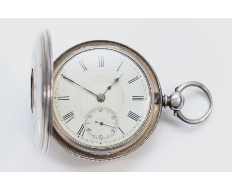 A Victorian silver fusee half hunter pocket watch, London 1877, white enamel dial, numbered movement, 48mm.Working when catal