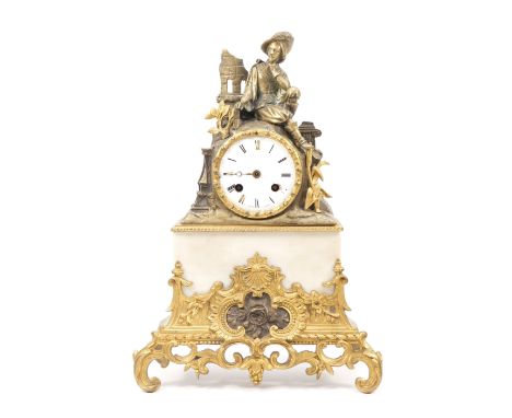 A brass and marble figural mantel clock, with porcelain dial featuring Roman Numerals and stamped 'H Azur. Paris', surmounted