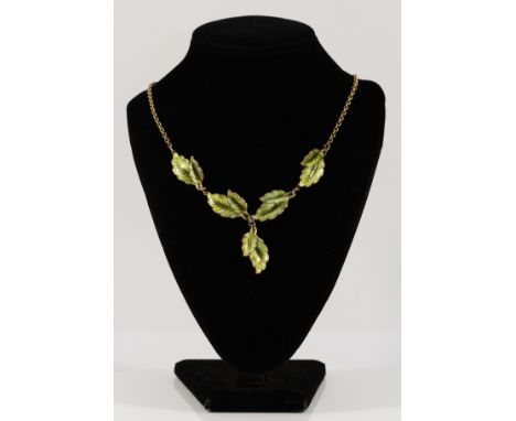 Ivar T Holth, Norwegian silver and green enamel foliate necklace, 25mm leaf, 19g The enamel is in overall good condition, no 