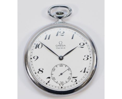 Omega, a chrome keyless wind open face pocket watch, c.1969, signed white enamel dial with subsidiary seconds dial, the cal. 