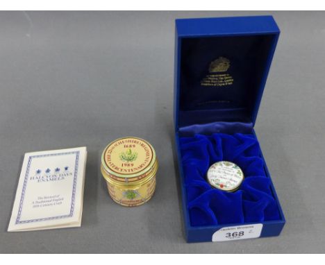 Halcyon days Prince of Wales, Lady Diana Spencer commemorative enamel pill box, together with a Cheshire Regiment Tercentenar