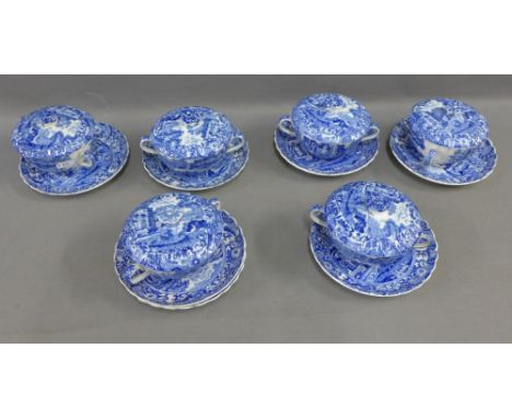 A set of six Copeland Spode Italian patterned blue and white bowls, lids and saucers (a lot) 