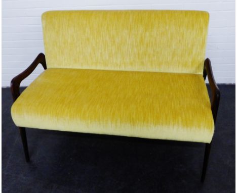 Julian Chichester two-seater Zebra sofa upholstered in yellow plush fabric, with mid century inspired dark wood frame, , 88 x