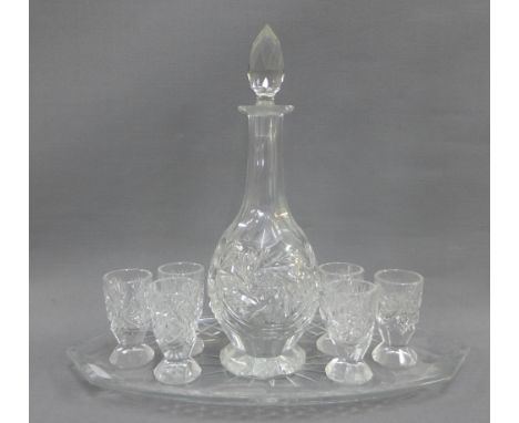 Cut glass liquor set comprising decanter, stopper, six glasses and an oval tray, (8)