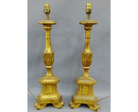 Pair of gilt wood table lamp bases, 51cm high excluding fitting, (2) 